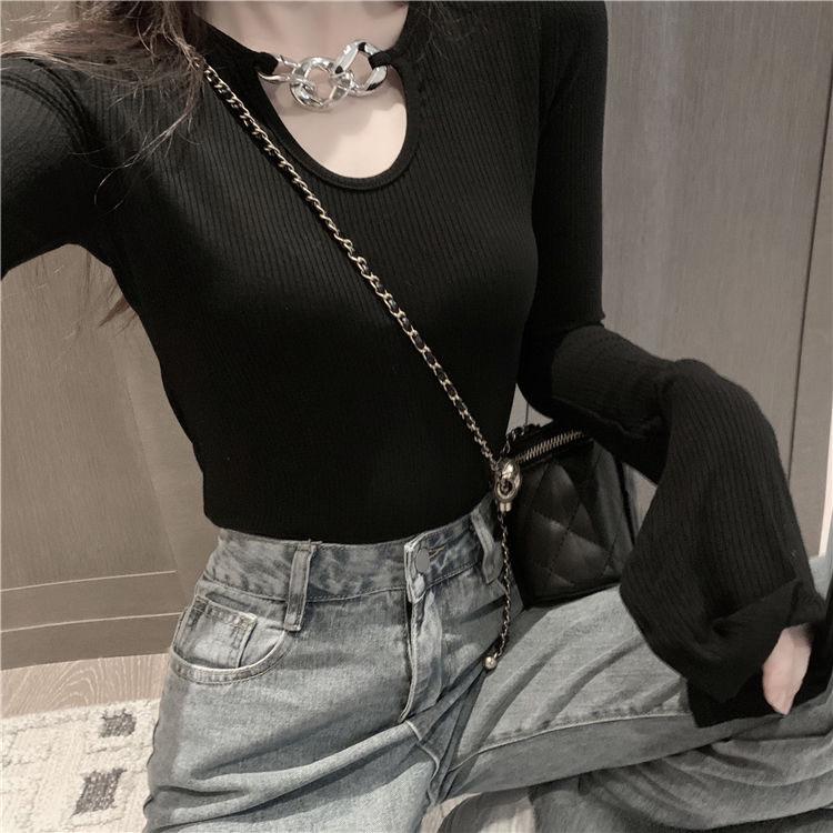 Spring and Autumn Slim Sexy Bottoming Shirt Long-sleeved Knitted Hollow Top Fashion Simple Female Sweater