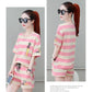 Cotton Striped Sports Suit Women Loose Round Neck Short Sleeve Tethered Shorts Two-piece Running Casual Wear Cute Home Wear Pajamas