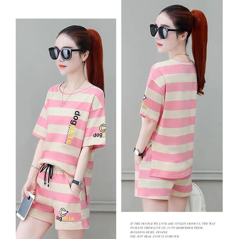 Cotton Striped Sports Suit Women Loose Round Neck Short Sleeve Tethered Shorts Two-piece Running Casual Wear Cute Home Wear Pajamas