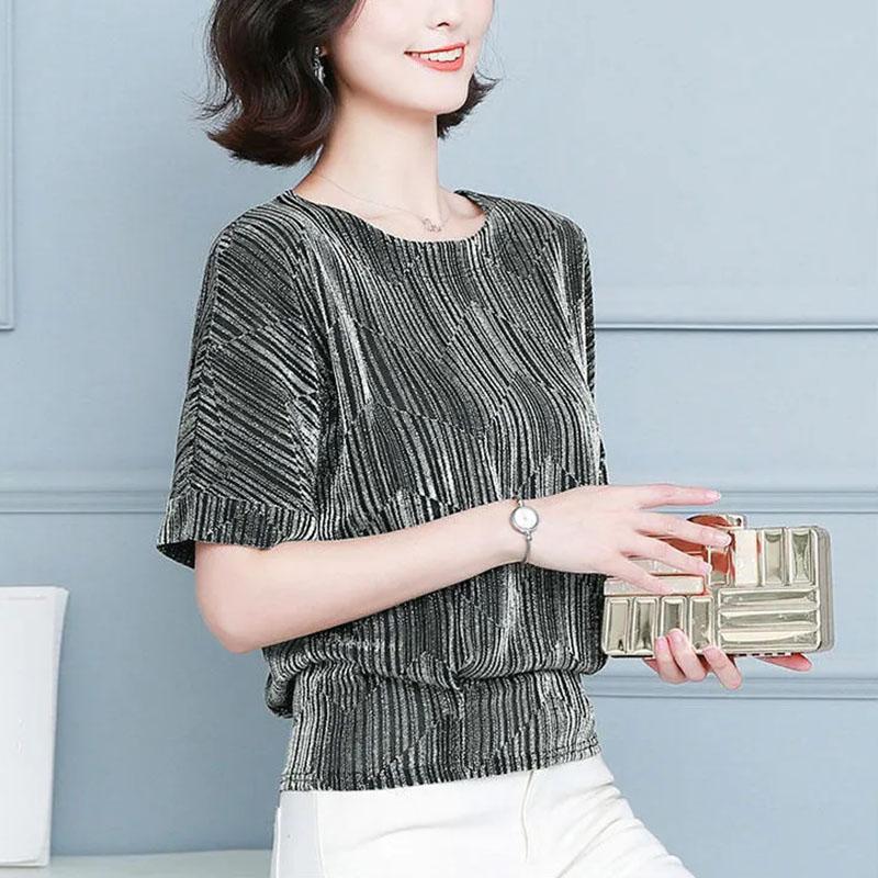 Women Summer Blouses Glitter Loose Short Sleeve Shirt Tops Large Size Elegant Shiny Sequin Tunic Ladies Blouse