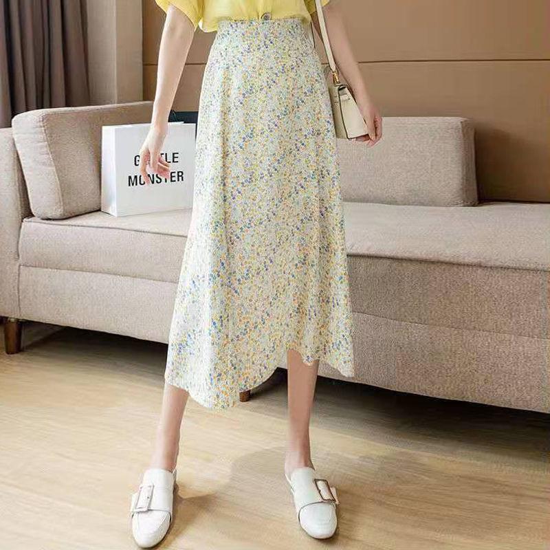 Women's Chiffon Floral Skirt Summer  High Waist Mid-length A-line Draping Fairy Dress