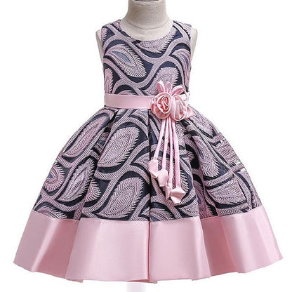 Girls Summer Dress Princess Skirt with Flower Jacquard Fabric Sleeveless Lace Dress