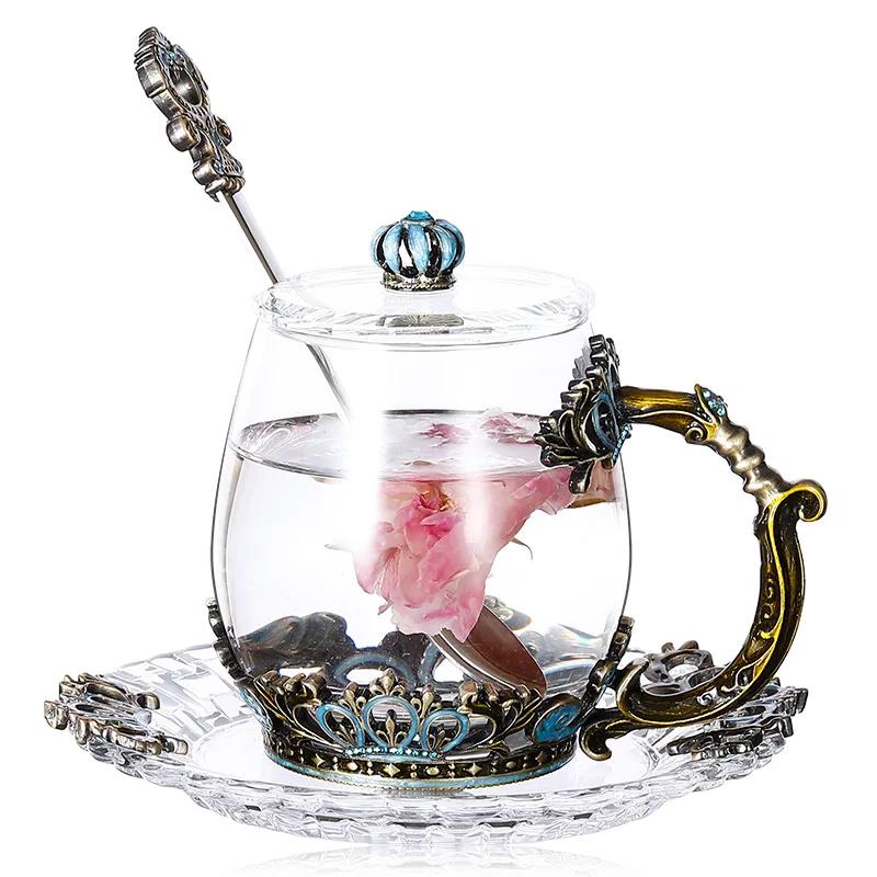 Retro Enamel Color Water Cup Flower Teacup Personality Trend Glass Female Teacup Creative Home Coffee Cup with Lid Spoon