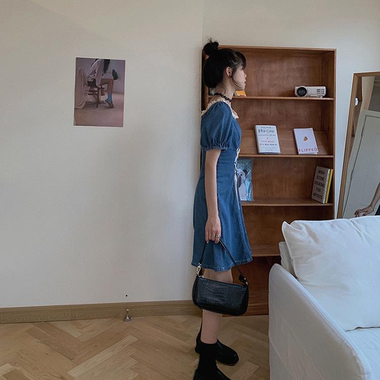 Female Denim Elegant Holiday Dress Lace Up Square Neck Bubble Sleeve Graceful Vintage Party Short Dress