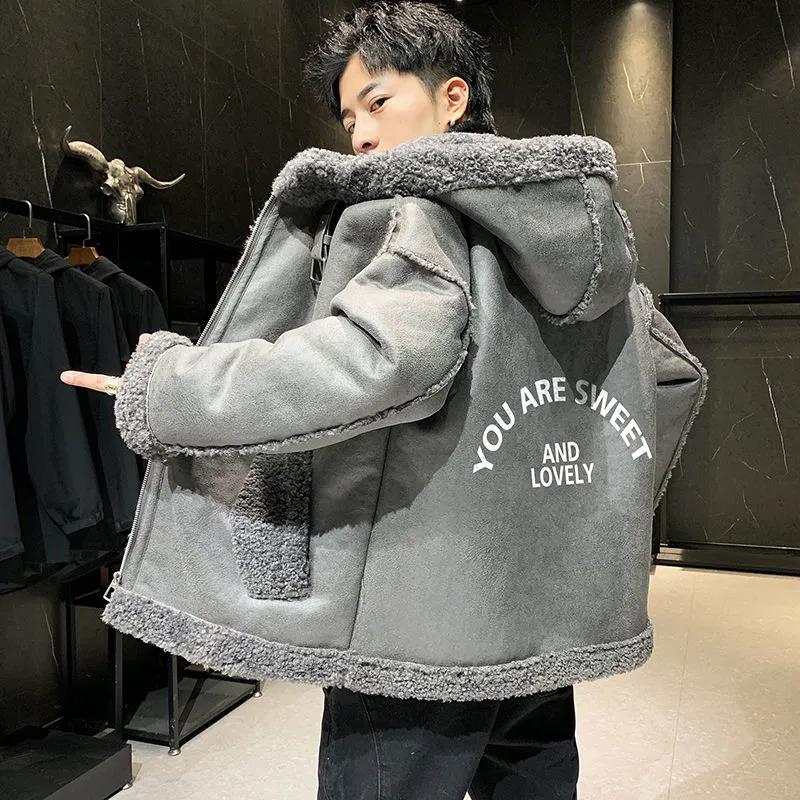 Men's Hooded Plus Velvet Padded Coat Trendy Loose Deerskin Fleece Jacket Winter Jacket