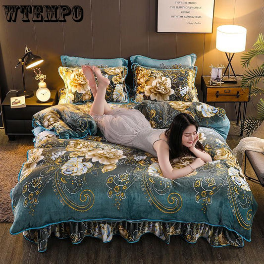 Flannel Soft Comfortable Bedding Set Duvet Cover Flat Sheet 4pcs Home Bedclothes Bed Linens
