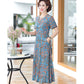 XL-XXXXXL Plus Size Summer Mid-length Printed Floral Ruffle Have Pockets Over-the-knee Dress V-Neck Short Sleeve A-line Skirt