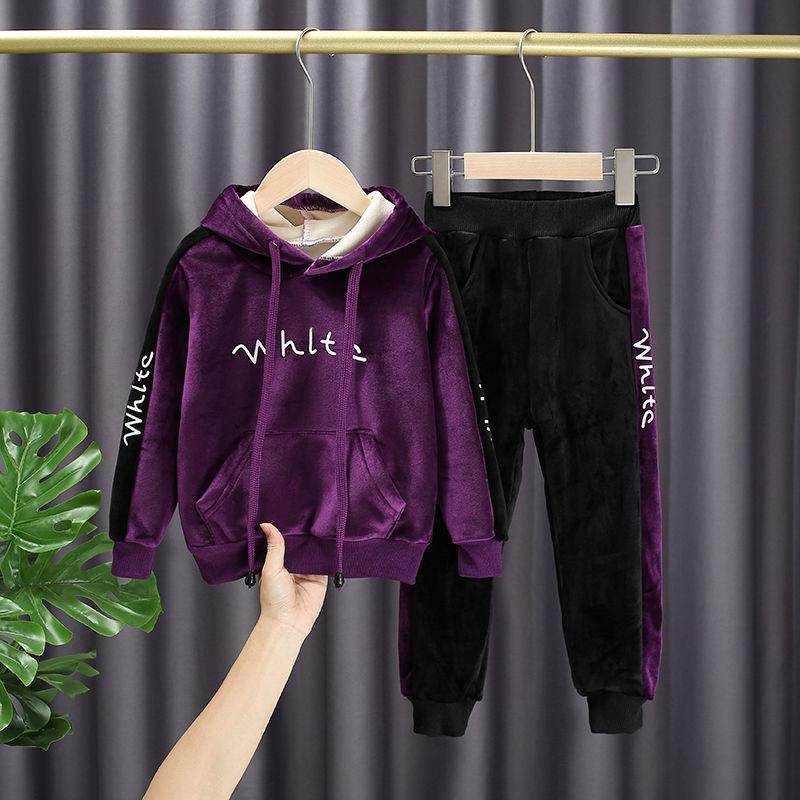 Girls Gold Silk Double-faced Fleece Casual Spring, Autumn and Winter Suit Korean Version of The Two-piece Suit