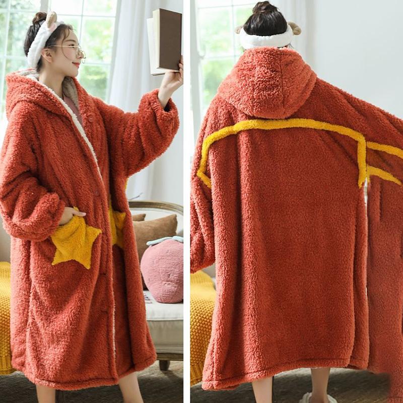 Pajamas Women Autumn and Winter Coral Fleece Stars Long Style Can Be Worn Outside Flannel Plus Size Nightgown Women Winter Night Skirt Home Service
