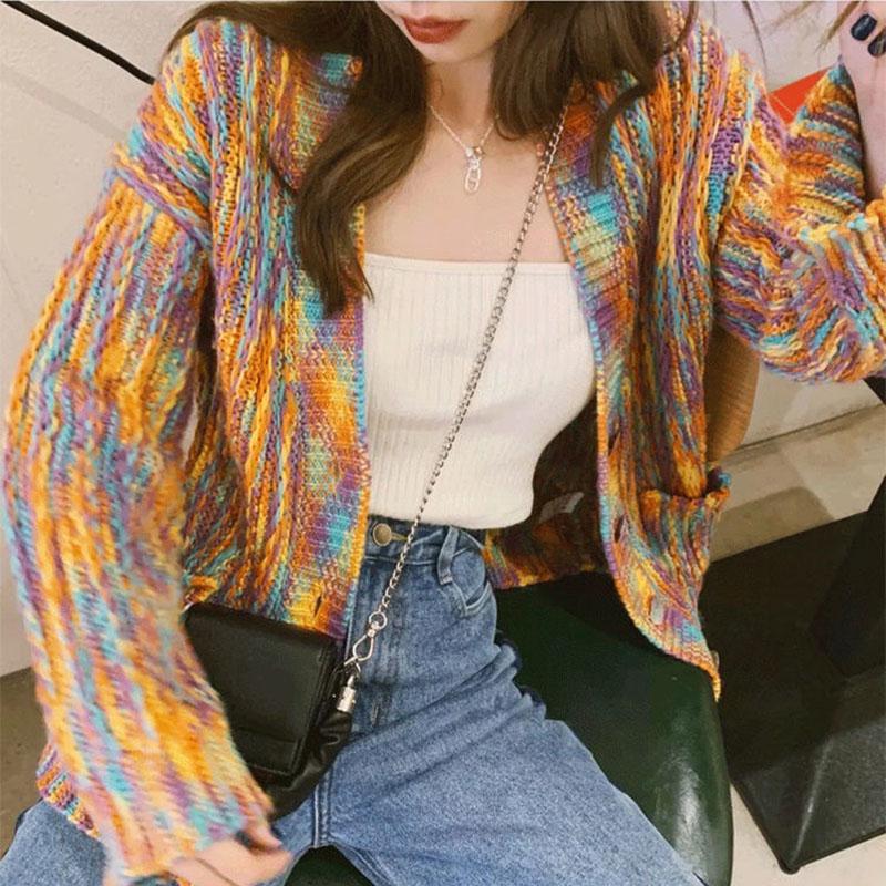 Spring and Autumn Rainbow Color Sweater Cardigan European and American Style Top Loose Casual Knitted Young Women's Jacket