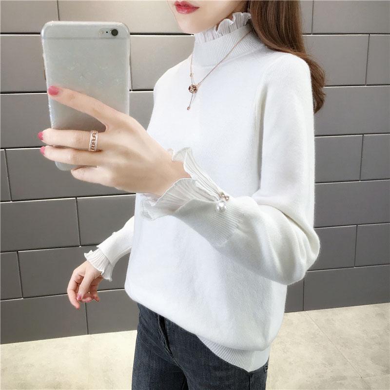 Plus Velvet Thick Warm Sweater Women  Ruffles Lace Stitching Collar Pullover Sweater Short Stretchable Slim Knitwear Jumper