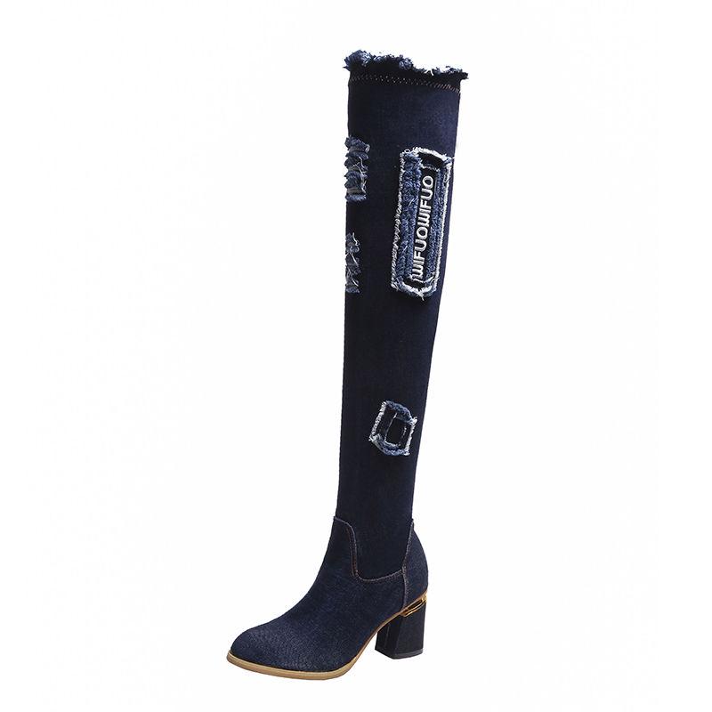 Denim stretch boots women's spring and autumn slim-fit knee-high boots high-heeled boots