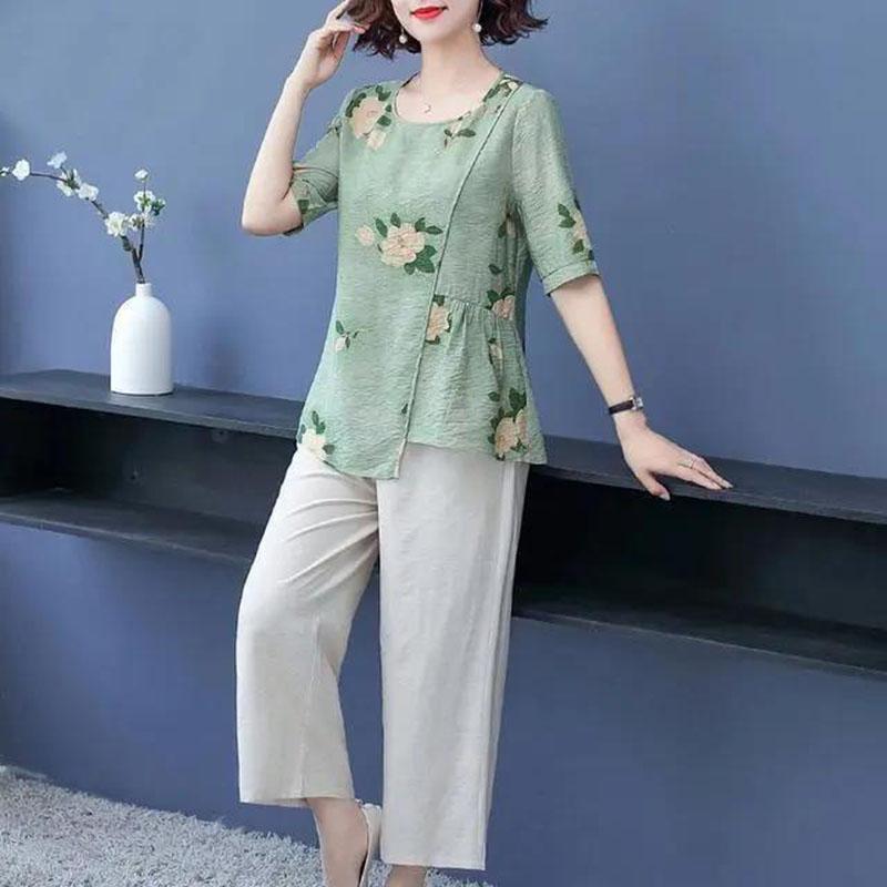 Women's Summer Cotton Linen Round Neck All-match Short Sleeve Floral Top