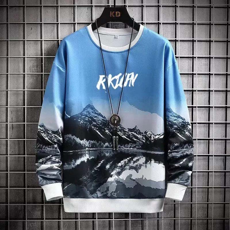 Men's Spring and Autumn Sweater Print Colorblock Long Sleeve Round Neck Pullover Loose Casual Thin Men's Top