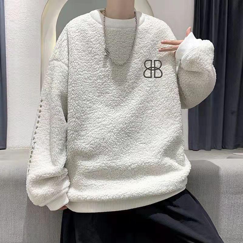 Autumn and Winter Plus Velvet Padded Round Neck Sweater Men's Loose Hedging Warm and Comfortable Jacket