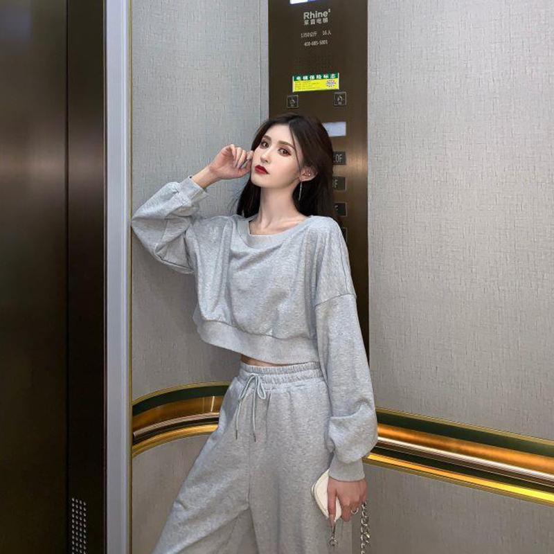 Short Sweater + Thin Wide-leg Pants Two-piece Suit Women's Casual Sports Suit Long-sleeved Short Top Loose Wide-leg Pants