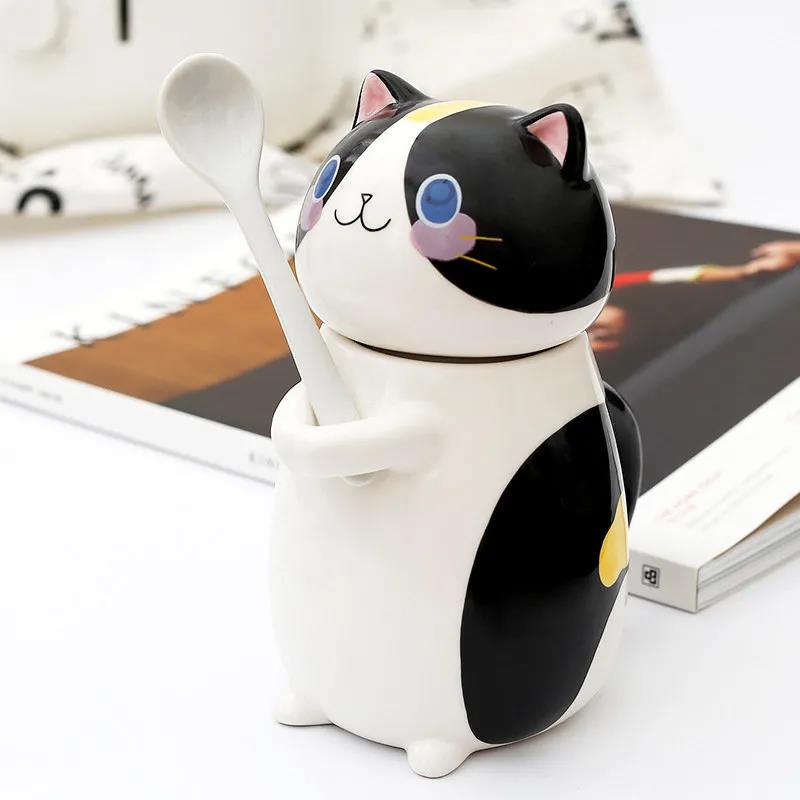 New Cute Cat Ceramics Coffee Mug with Spoon Creative Hand Painted Drinkware Milk Tea Cups Novelty Gifts