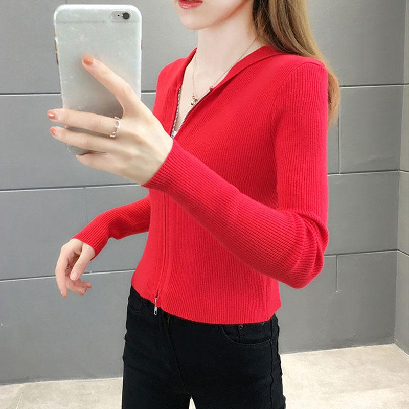 Spring and Autumn Knitted Cardigan Sweater Short Hooded Slim Top Solid Color Zipper Female Jacket