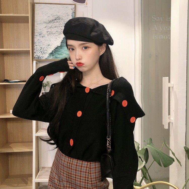 Pofulove Winter College Wind Irregular Strapless Navy Collar Loose Long Sleeve Knit Sweater