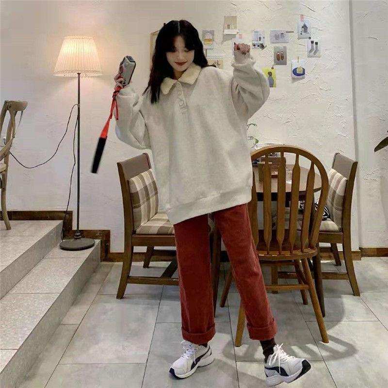 Autumn and Winter Loose Warm Pullover Sweater Women's Color Matching Polo Collar Jacket Jacket All-match Simple and Comfortable