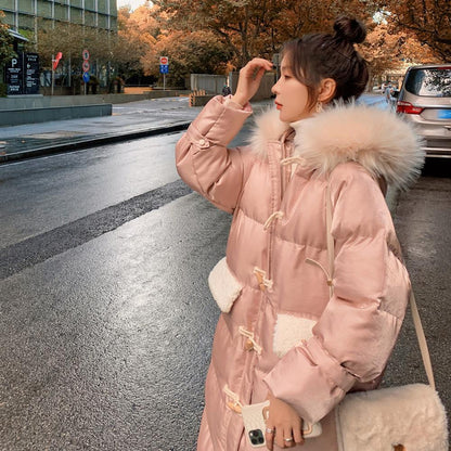 Winter Down Cotton Jacket Women's Cotton-padded Jacket Large Size Loose Thick Mid-length Section Over The Knee Large Fur Collar Hooded Cotton Jacket