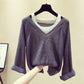 Women's Pullover Sweater Fake Two-piece Sexy Off-the-shoulder Sweater Women's Long-sleeved Loose Sweater Bottoming Top