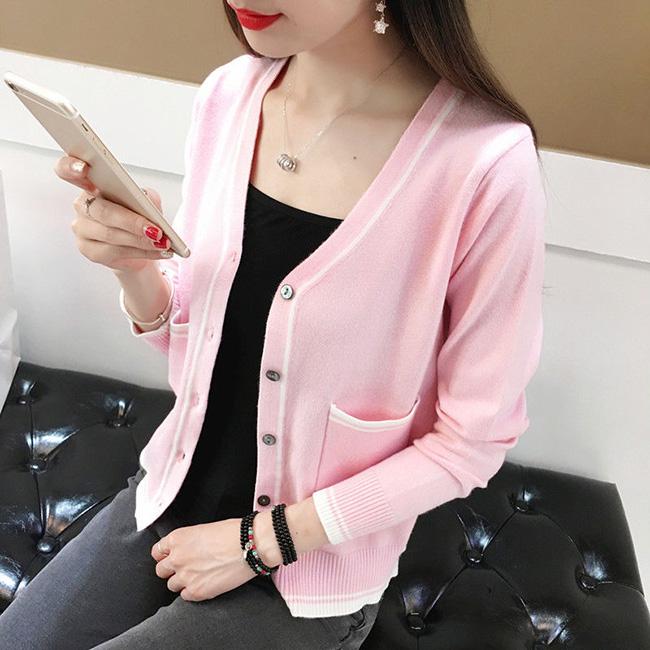 Spring and Autumn Color Matching V-neck Short Sweater Knitted Long-sleeved Shawl Outer Shirt Fashion Women's Top