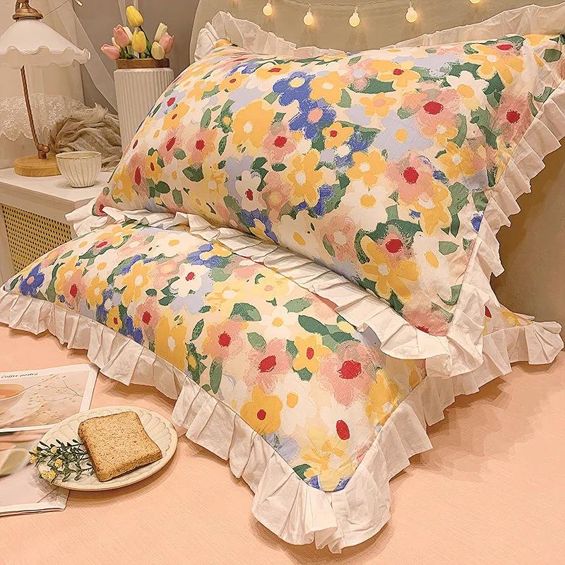 Princess Style Print Pillowcase Korean Style Fashion Lace Soft Pillow Core Cover A Pair of Cotton Pillowcases for Adults