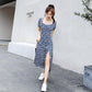 Summer Retro French Square Neck Puff Sleeve Split Dress Oil Painting Purple Floral Long Skirt French Retro Ladies Dress Chiffon Dress