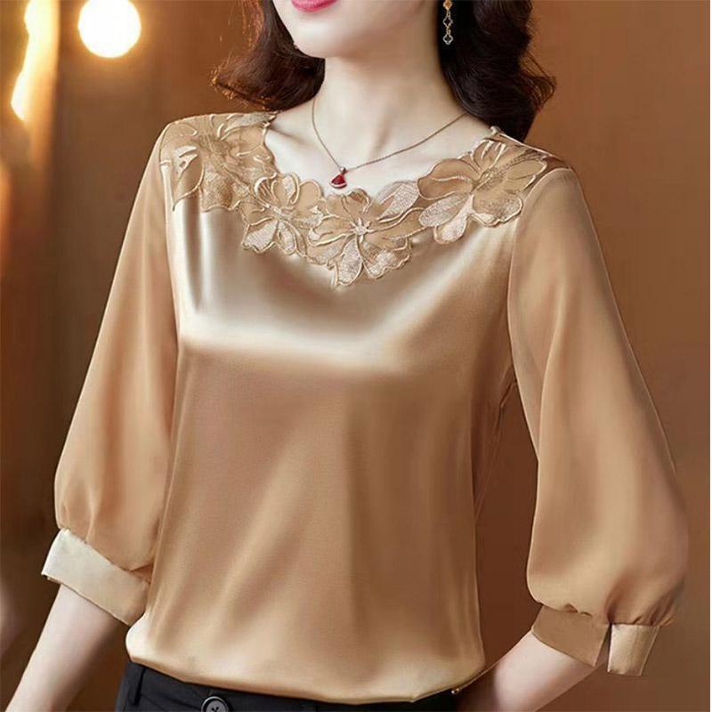 Three-quarter Sleeves Plus Size Chiffon Top Women's Embroidered Loose Round Neck Satin Mother's Belly Cover Shirt