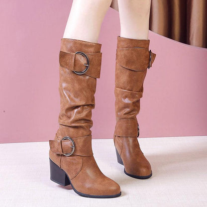 Leather Buckle High-heel Knee-High Boots Women's Leather High Boots Thick-heeled Knight Boots Plus Size 35-43 Cowboy Boots