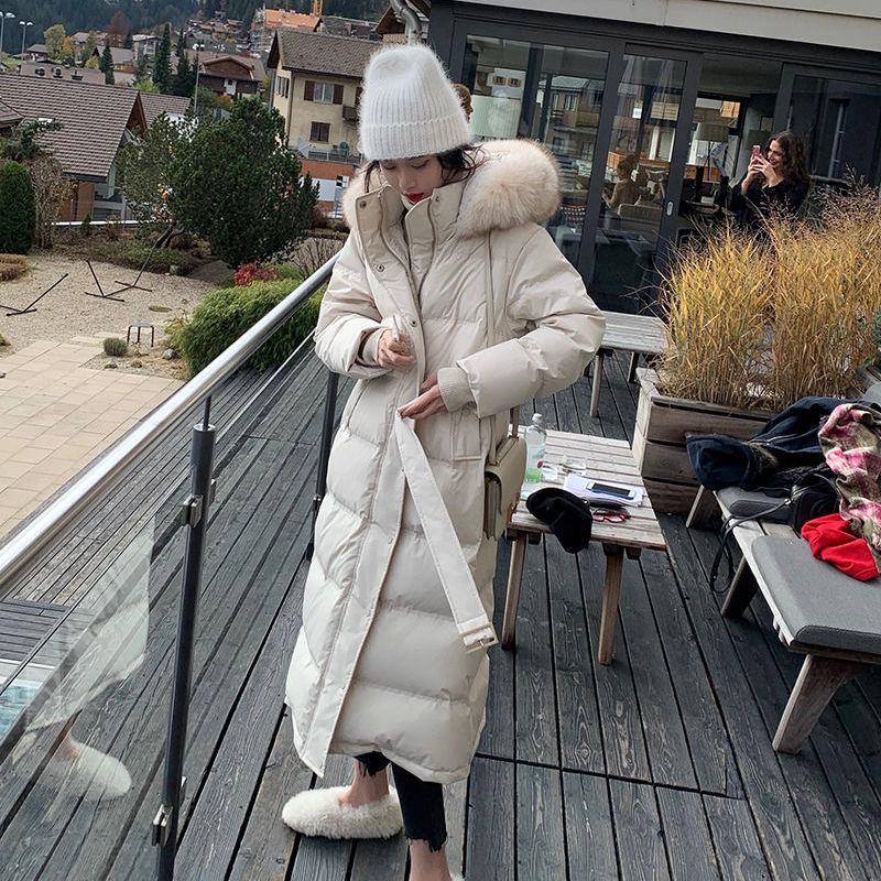 Korean Style White Duck Down Long Section Knee-waisted Real Fox Fur Big Fur Collar Down Jacket Women Trendy