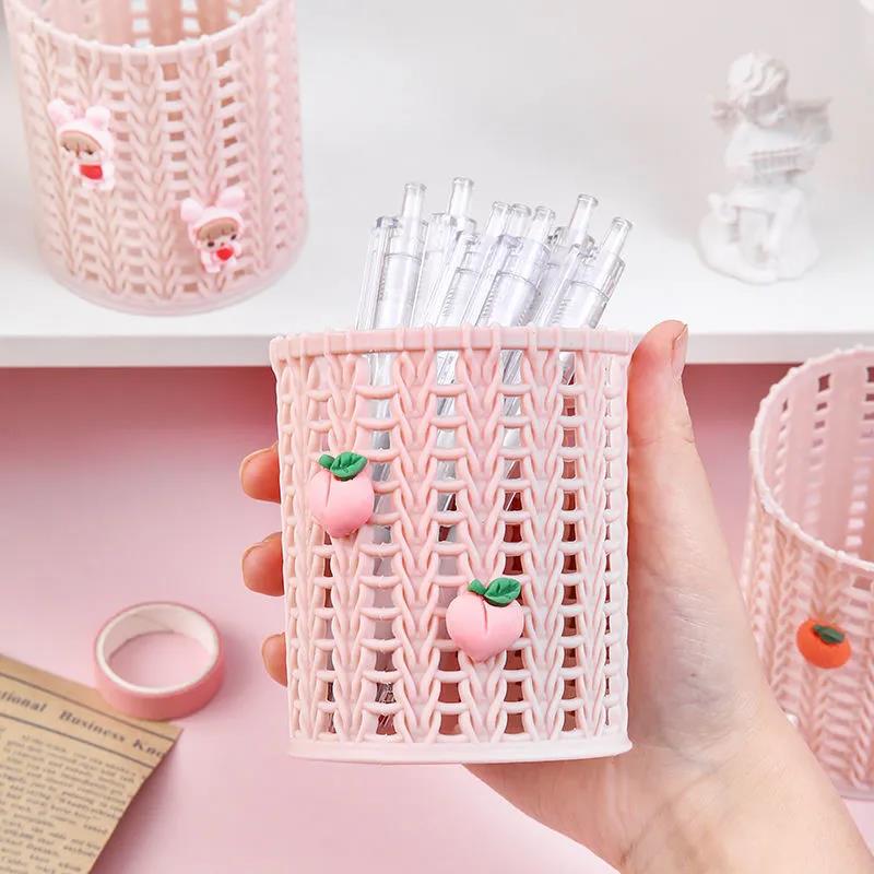 Nordic Simple Imitation Rattan Plastic Pen Holder Female Ins Student Office Desktop Creative Hollow Stationery Storage Tube