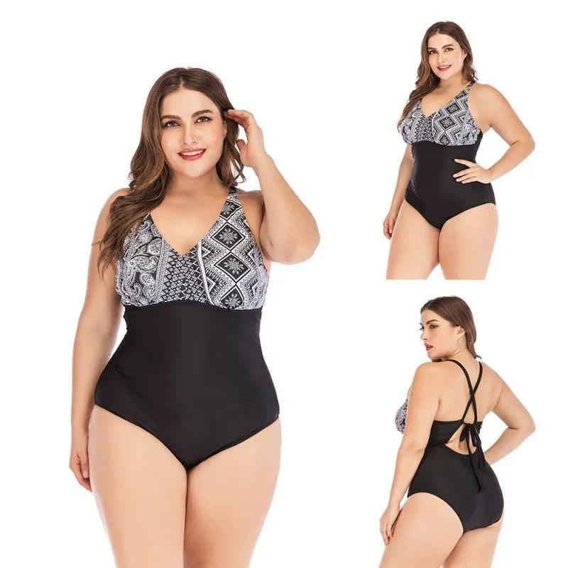 Plus Size One Piece Swimsuit women's open Back Geometric Printded Breathable Swimwear Slim Beachwear Bikini