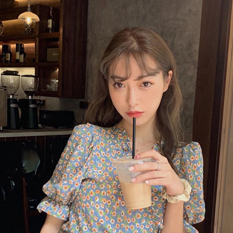 Puff Sleeve Floral Short-sleeved Chiffon Shirt Women's Summer Korean Design High-waist Short Top