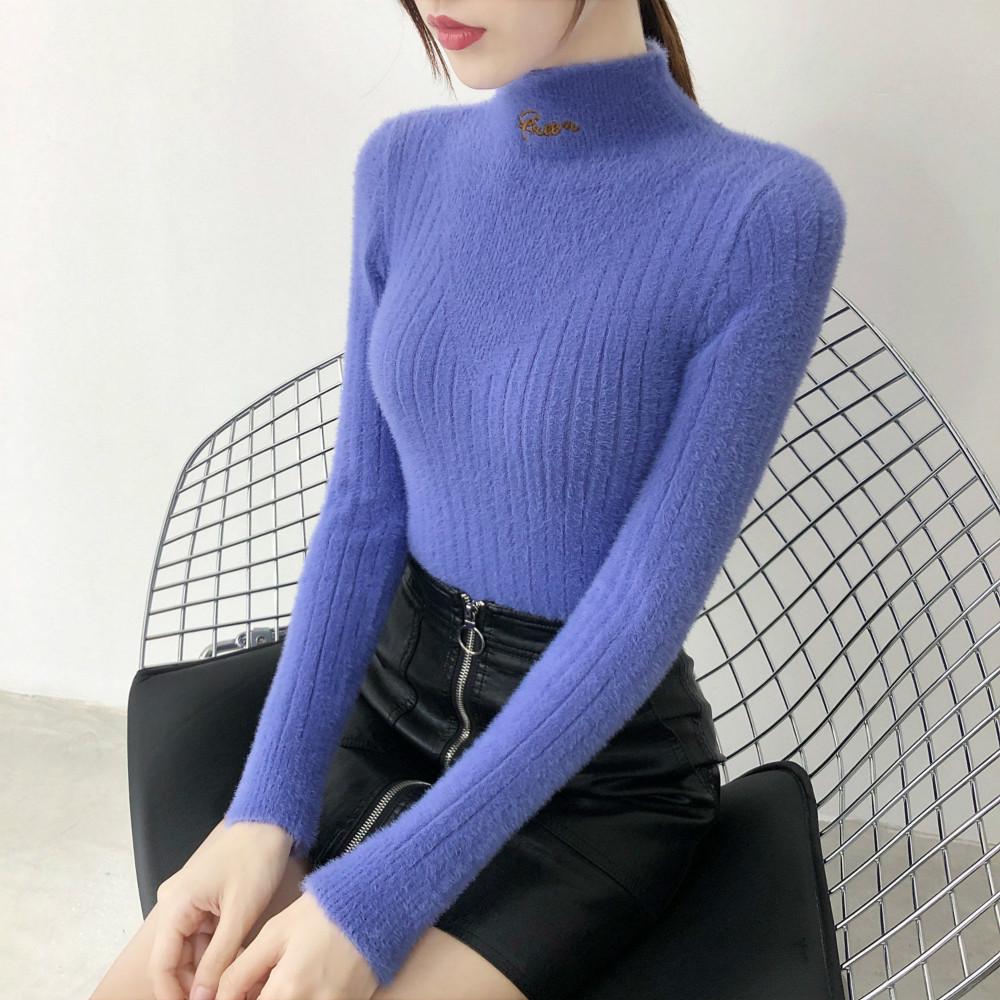 Pofulove Faux Mink Fleece Sweater Short-fitting Winter Jacket Half Turtleneck Bottoming Shirt