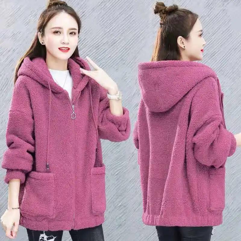 Lamb Velvet Sweatershirt Women's Autumn Winter Loose Cardigan Long-sleeved Hooded Thick Coat Solid Color Zipper Jacket Top