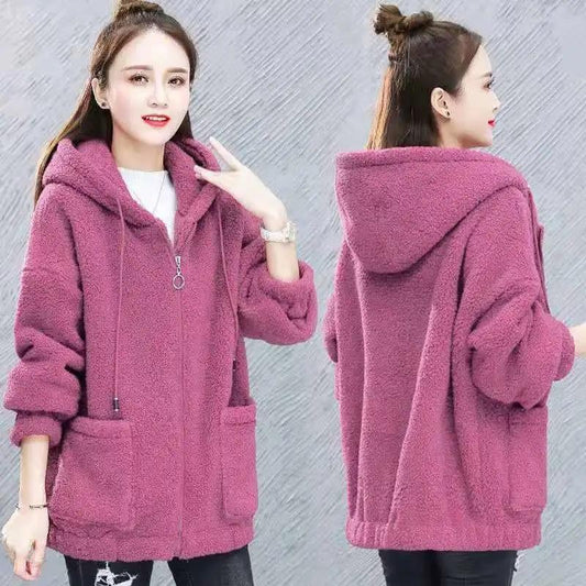 Lamb Velvet Sweatershirt Women's Autumn Winter Loose Cardigan Long-sleeved Hooded Thick Coat Solid Color Zipper Jacket Top