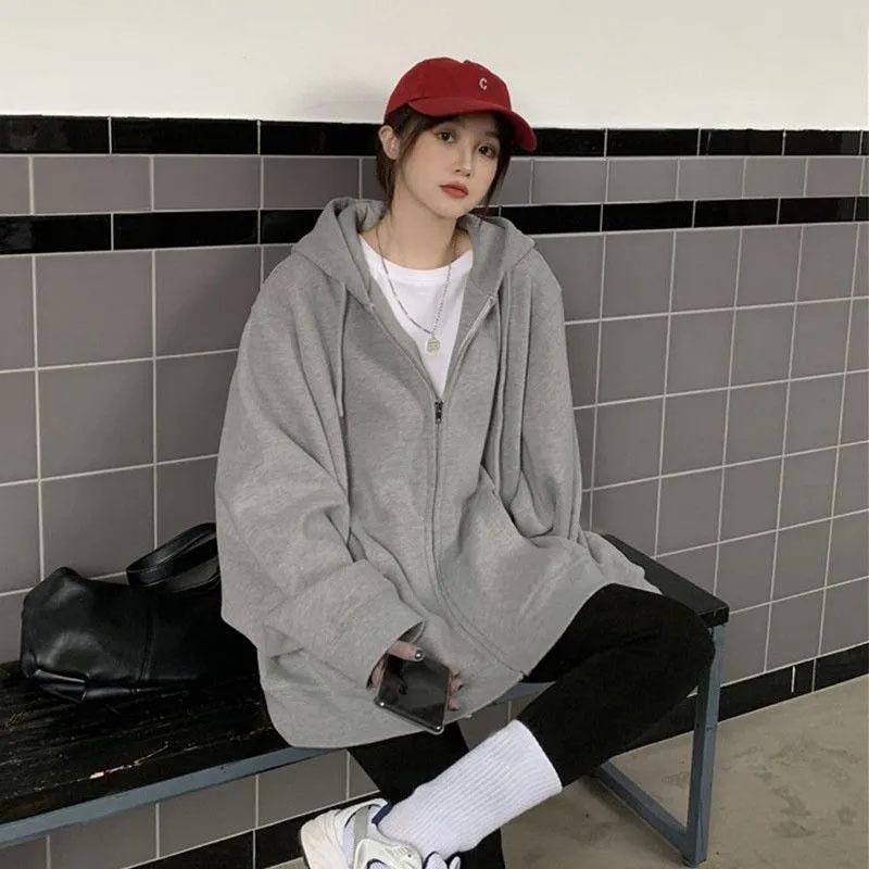 Spring and Autumn Loose Streetwear Hip Hop Oversize Style Thin Coat Female Ins Top Student Long Sleeve Zipper Hooded Sweater