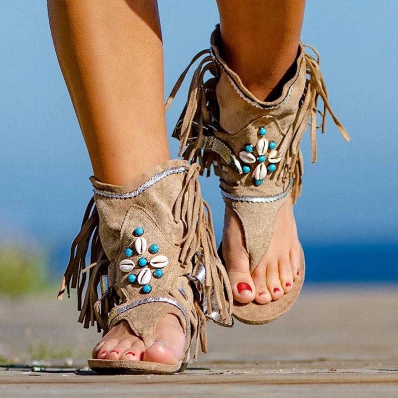 Plus Size 35-42 Summer Retro Women Fringe Flower Wedges Shoes Solid Flock Beach Casual Sandals Women Summer Flip Flop Sandals