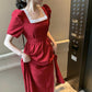 Women's Summer Simple Square Neck French Elegant Retro Waist Slim Large Long Dress