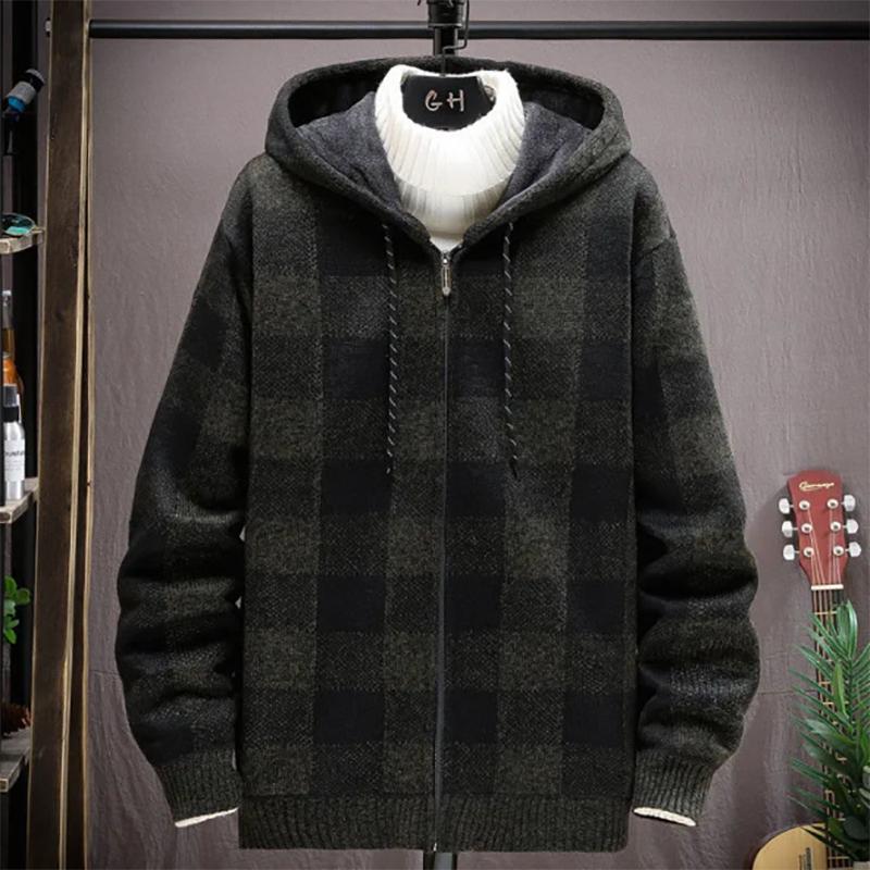 Autumn Men's Sweater Hooded Zipper Cardigan Stitch Jacket Large Size Casual Plus Velvet Thickening To Keep Warm