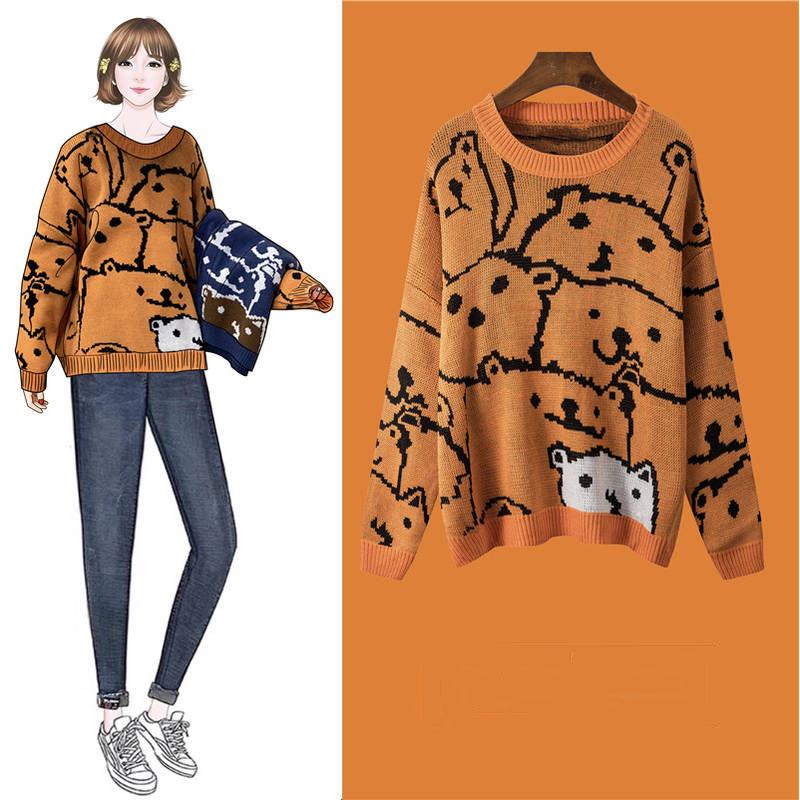 Winter Sweet Jacquard Pullover Sweater Women Loose Long Sleeve Knitted Round Neck Sweater