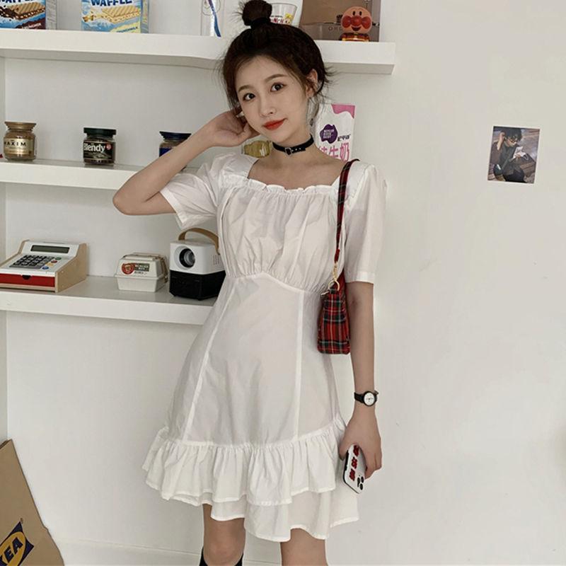 Women's Spring and Summer French Elegant Thin Irregular Square Collar Waist Slim Ruffle Dress