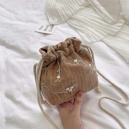 Lace Women's Straw Woven Bucket Bag Cute Summer Student Travel Vacation Beach Bag Shoulder Messenger Bag