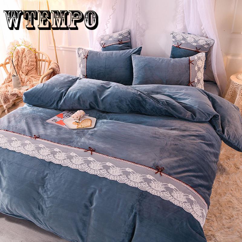 4pcs  Fleece Bedding Set  Lace Duvet Cover Flat Sheet Pillowcase Flannel Winter Warm Bed Linen