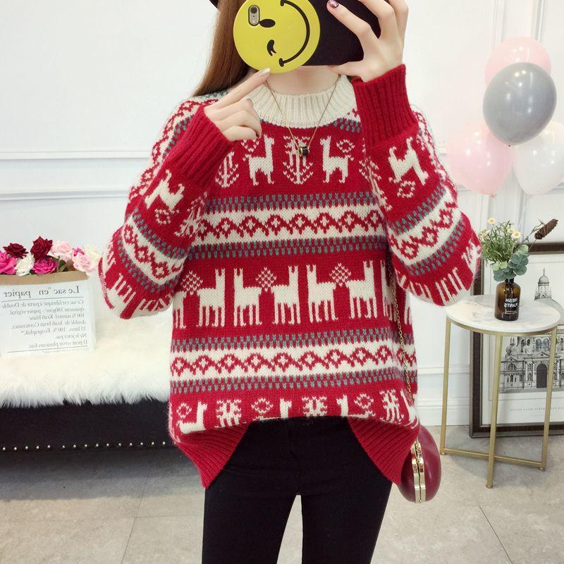 Round neck sweater Large size Christmas clothing sweater Woman Loose Long sleeve sweater Winter