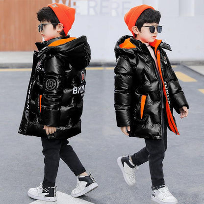 Fleece Boys' Winter Padded Jacket Big Children's Bright Leather Padded Jacket Children's Mid-length Down Padded Jacket