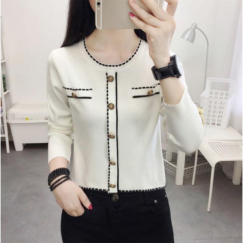 Color-blocking Long-sleeved Knitted Sweater Women's Suit Collar Pocket Shirt Temperament Age-reducing Cardigan