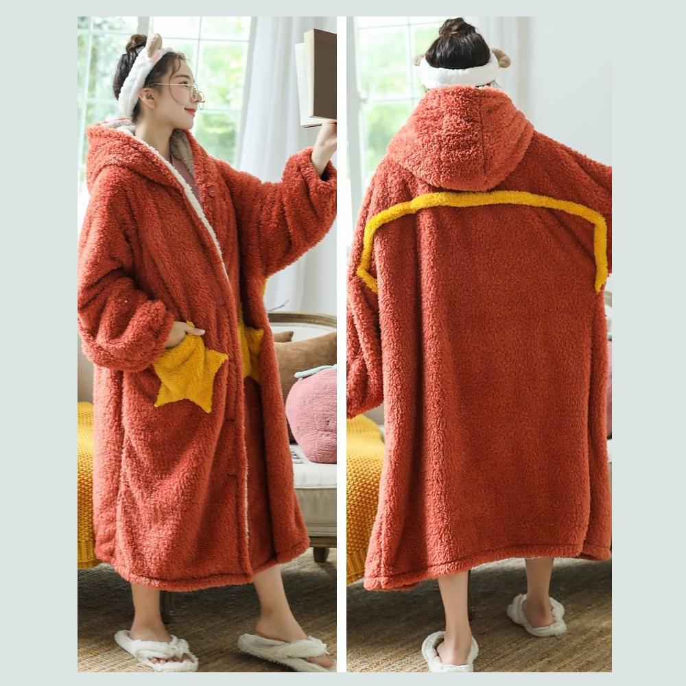 Women Pajamas Autumn Winter Long Thick Velvet Coral Fleece Flannel Sleepwear Warm Cute Nightgown Bathrobe Hooded Home Wear Long Sleeve Casual Loose